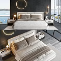 Modern Double Bed Interior Design With Gray Headboard Beige Bedding Circular Lights And Sea View