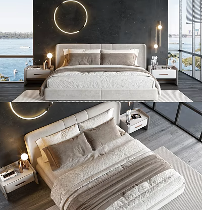 Modern Double Bed Interior Design With Gray Headboard Beige Bedding Circular Lights And Sea View 3d model
