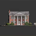 Red Brick Detached Villa With White Columned Porch Gray Roof Chimney And Green Shrubs