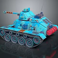 Blue Military Tank With Orange Striped Cannon Detailed Tracks And Red Rear Cylinders