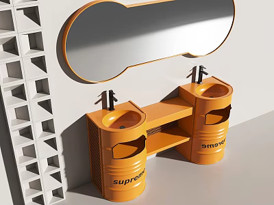 Orange Supreme Double Sink Washbasin With Round Mirror And White Shelf Design 3d model