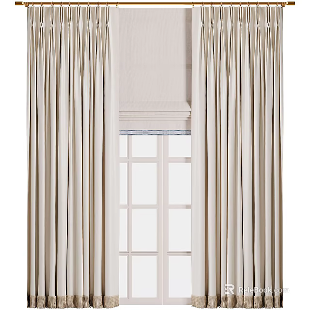 Beige Curtains With Soft Linen Fabric And Roller Blind Over Grid Window 3d model 