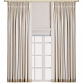 Beige Curtains With Soft Linen Fabric And Roller Blind Over Grid Window