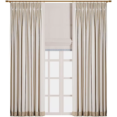 Beige Curtains With Soft Linen Fabric And Roller Blind Over Grid Window 3d model