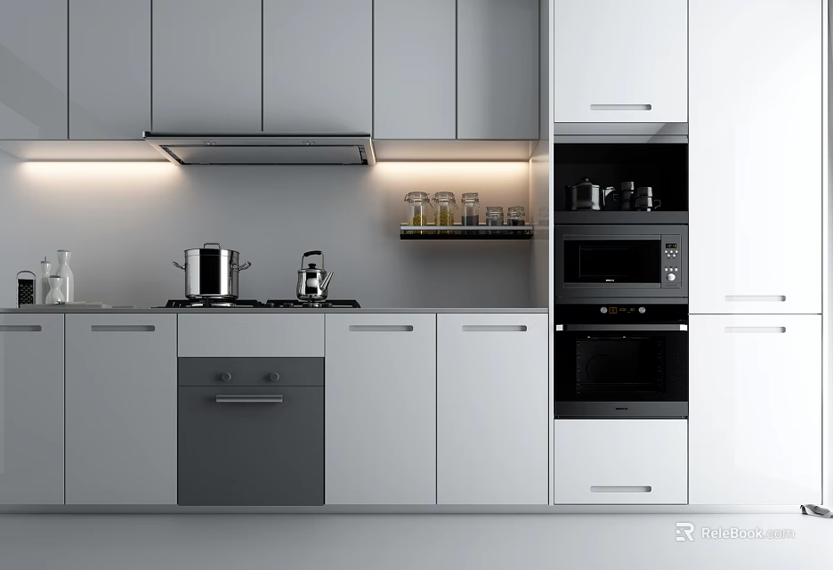 Modern Grey And White Kitchen Cabinets With Built In Oven Microwave And Cooktop 3d model 