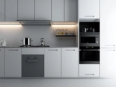 Modern Grey And White Kitchen Cabinets With Built In Oven Microwave And Cooktop 3d model