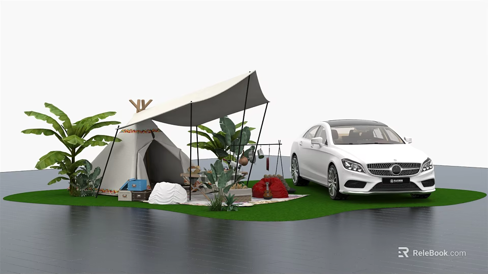 Outdoor Camping Scene With White Tent Car Green Plants And Grassy Area 3d model 