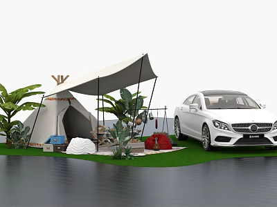 Outdoor Camping Scene With White Tent Car Green Plants And Grassy Area 3d model