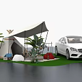 Outdoor Camping Scene With White Tent Car Green Plants And Grassy Area