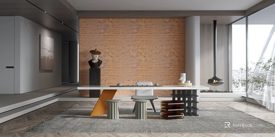 Modern Tea Room Interior With Table Stools And Art Decor 3d model