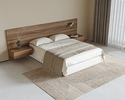 Minimalist Double Bed with Wooden Headboard Nightstand Lamp Vase Beige Bedding and Curtains on Rug 3d model