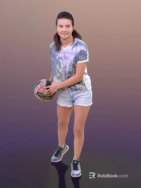 Woman In Pretty Life Printed T Shirt And Denim Shorts Holding Colorful Basketball 3d model 