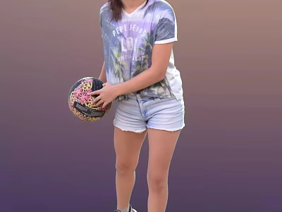 Woman In Pretty Life Printed T Shirt And Denim Shorts Holding Colorful Basketball 3d model