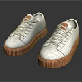 White Casual Leather Shoes With Brown Thick Sole And Lace Up Design For Daily Wear
