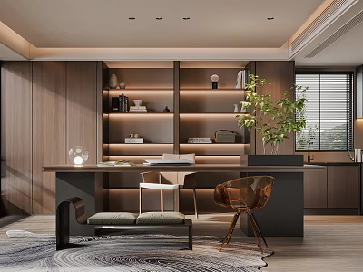 Modern Study Room Interior Design With Writing Desk Built in Bookshelves And Warm Lighting 3d model