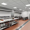 Commercial Kitchen Interior With Stainless Steel Worktables Storage Racks And Bright Ceiling Lights