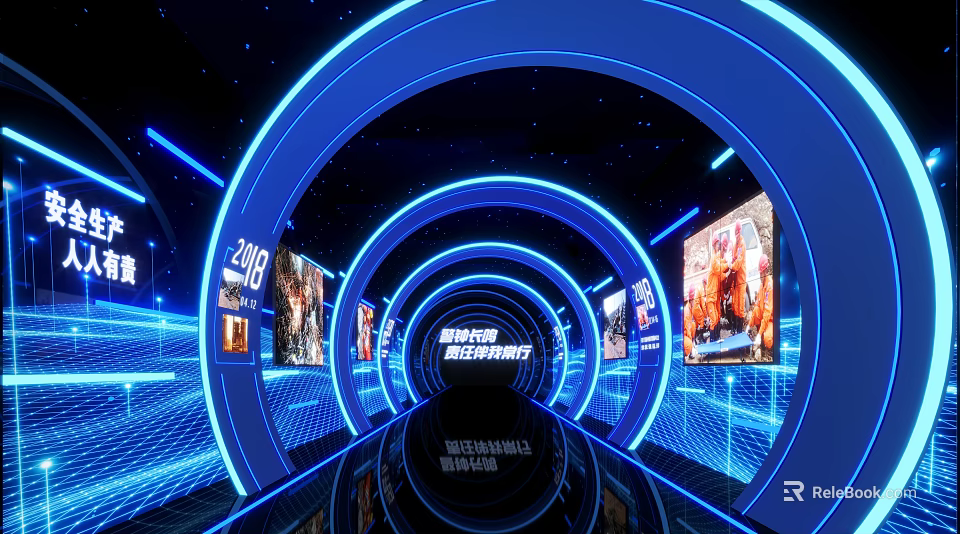 Futuristic Exhibition Hall Interior With Circular Blue Neon Lights And Display Screens 3d model 