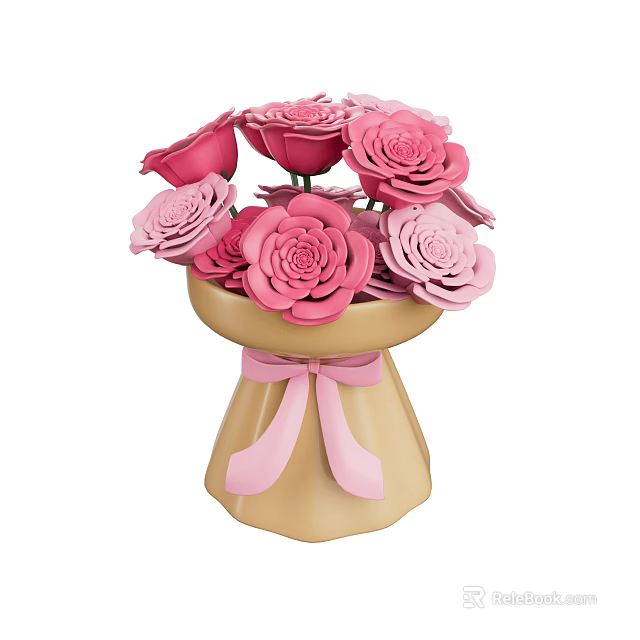 Decorative Ornament Set Featuring Beige Vase With Pink And Light Pink Roses And Pink Bow 3d model 