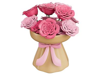Decorative Ornament Set Featuring Beige Vase With Pink And Light Pink Roses And Pink Bow 3d model