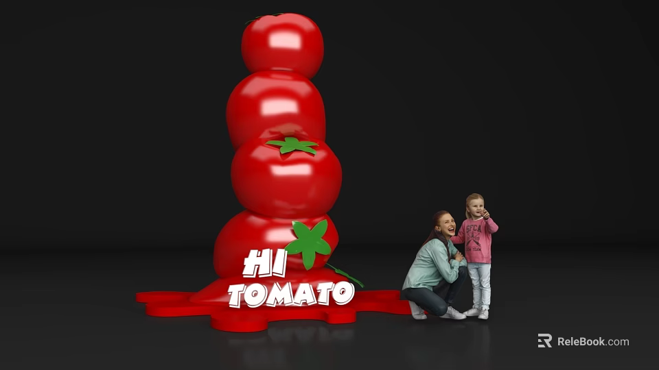 Giant Red Stacked Tomato Photo Spot With Green Leaves HI TOMATO Sign 3d model 