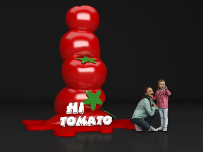 Giant Red Stacked Tomato Photo Spot With Green Leaves HI TOMATO Sign 3d model