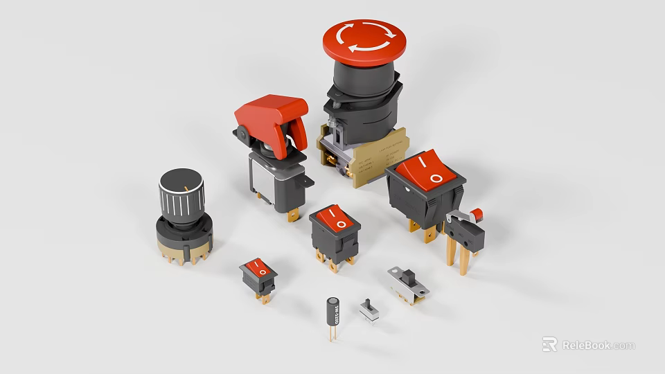 Various Red and Black Electrical Switches Buttons and Control Components 3d model