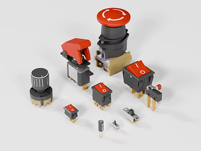 Various Red and Black Electrical Switches Buttons and Control Components 3d model