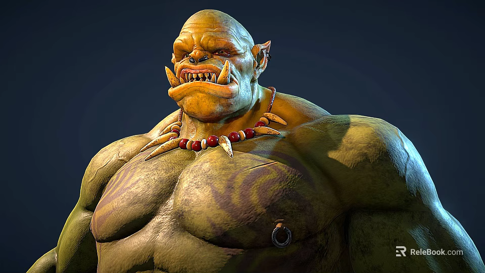 Muscular Orc Warrior Game Movie Character With Fanged Face Tribal Beaded Necklace And Chest Tattoos 3d model 