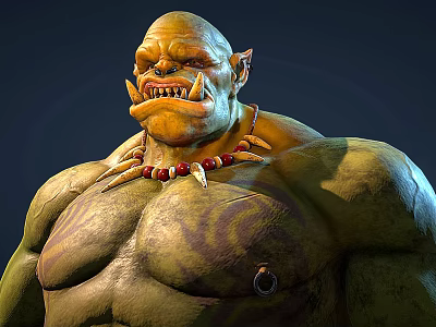 Muscular Orc Warrior Game Movie Character With Fanged Face Tribal Beaded Necklace And Chest Tattoos 3d model