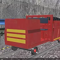 Red Industrial Equipment Vehicle Transporting Coal On Rail Track In Tunnel With Blue Pipeline