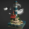 Cartoon Scene with Lighthouse Small House Flying Birds Clouds and Water Around Island