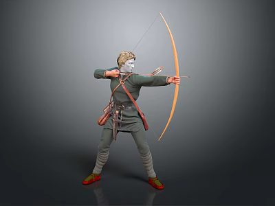 Medieval Archer in Classic Outfit Holding Longbow Preparing to Shoot Arrow Against Gray Background 3d model