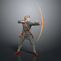 Medieval Archer in Classic Outfit Holding Longbow Preparing to Shoot Arrow Against Gray Background