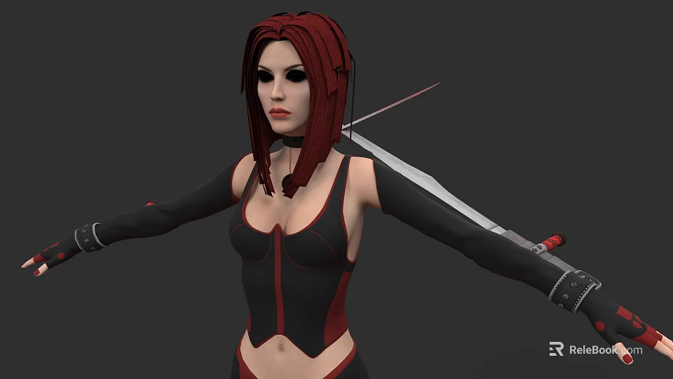 Game Movie Character With Red Hair Black Red Tight Clothing And Sword On Back 3d model 