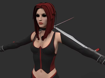 Game Movie Character With Red Hair Black Red Tight Clothing And Sword On Back 3d model
