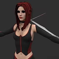 Game Movie Character With Red Hair Black Red Tight Clothing And Sword On Back