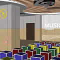 School Music Classroom With Colorful Seats Podium Music Screen Notes Guitar And Speakers