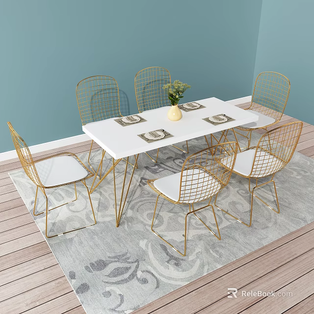 White Rectangular Dining Set with Gold Wireframe Chairs Vase Placemats on Gray Rug 3d model