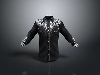 Fashionable Black Shirt With White Floral Patterns On Collar Cuffs And Button Details 3d model