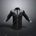 Fashionable Black Shirt With White Floral Patterns On Collar Cuffs And Button Details