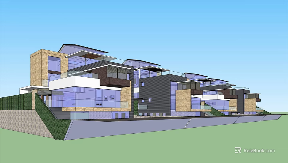 Modern Semi Detached Villa Exterior With Large Glass Windows And Balcony Terrace 3d model 