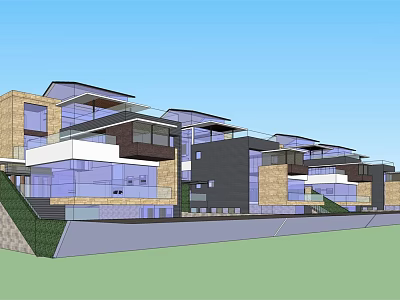 Modern Semi Detached Villa Exterior With Large Glass Windows And Balcony Terrace 3d model