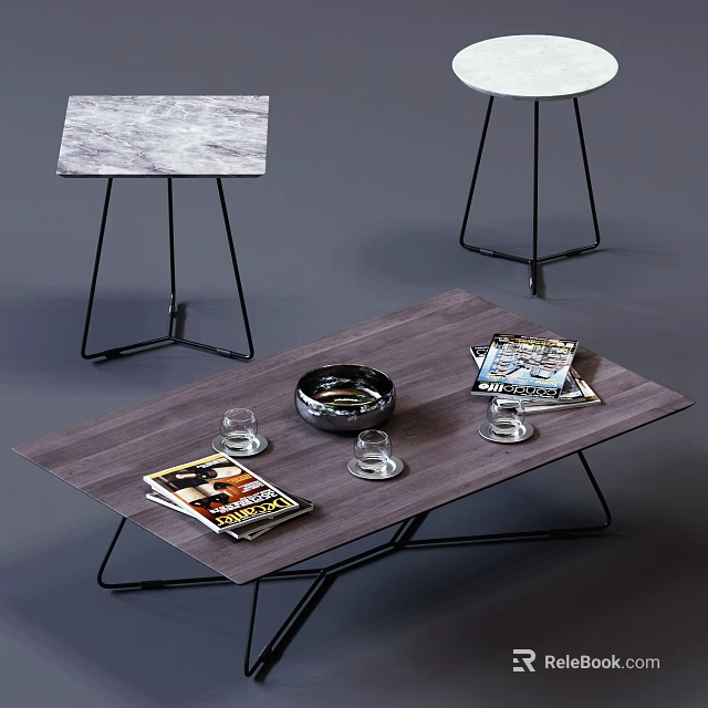 Modern Minimalist Coffee Table With Wooden Top Metal Legs And Magazines Glasses Bowl 3d model 