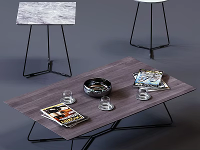 Modern Minimalist Coffee Table With Wooden Top Metal Legs And Magazines Glasses Bowl 3d model