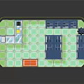 Cartoon Style Living Room Interior With Blue Sofas Green Geometric Floor And Clock