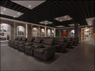Modern Home Theater Room With Leather Recliner Seats Wall Art And Ceiling Lighting 3d model