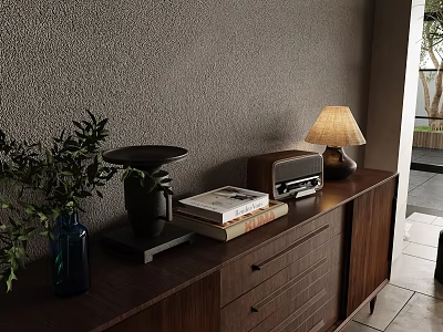 Ornamental Decor Set With Wooden Cabinet Blue Vase Green Plants Books And Table Lamp 3d model