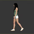 Woman In Green Tank Top And White Shorts Walking On Gray Background With White Shoes