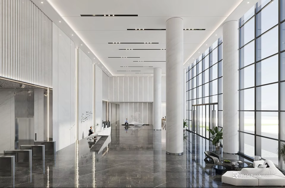 Front Desk Reception In Modern Spacious Lobby With Floor to Ceiling Windows And Marble Floor 3d model 
