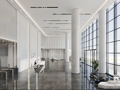Front Desk Reception In Modern Spacious Lobby With Floor to Ceiling Windows And Marble Floor 3d model